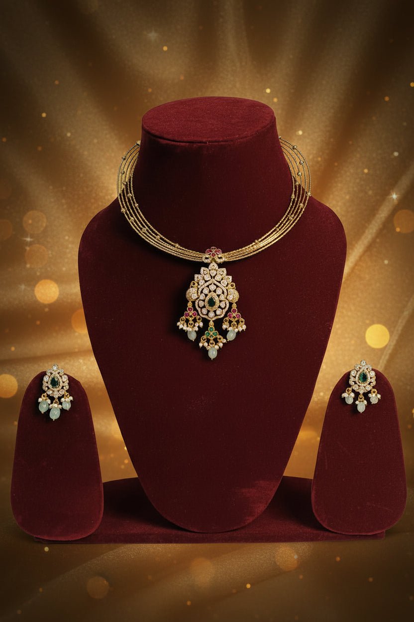 Multi-strand necklace set in gold finish, with a central motif with pink and green stones, white accents, and pearl hangings.