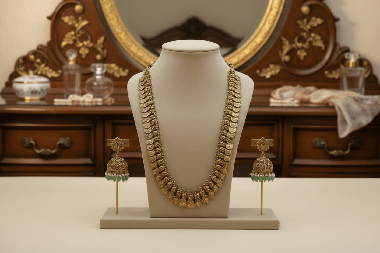 Antique gold long coin necklace with a coin design, paired with matching jhumka earrings featuring emerald green bead drops