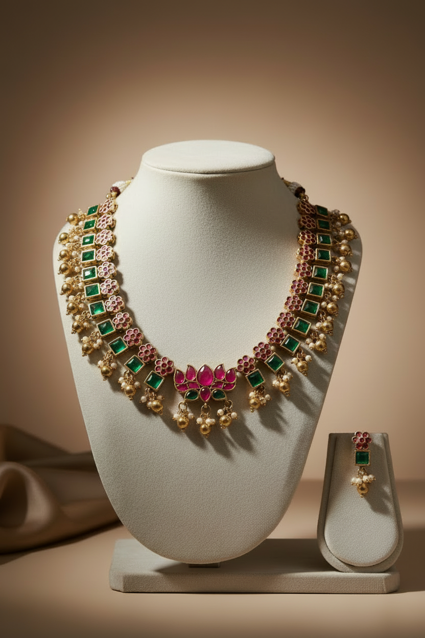 This necklace features square green stones alternating with pink floral clusters, all set in a rich gold framework.