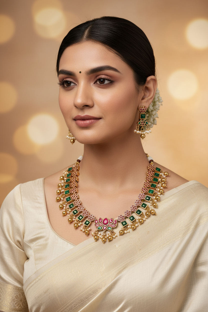 This necklace features square green stones alternating with pink floral clusters, all set in a rich gold framework.
