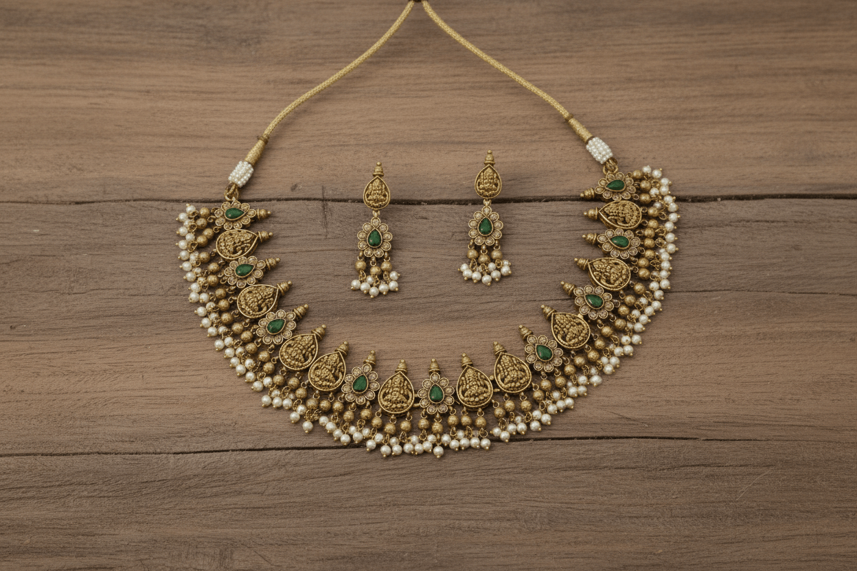 Green Adhya Temple Necklace Set