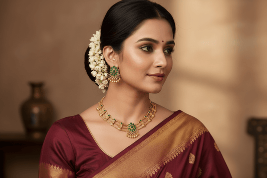 Floral Choker and earring set in antique gold finish, featuring green stone clusters and intricate gold detailing.