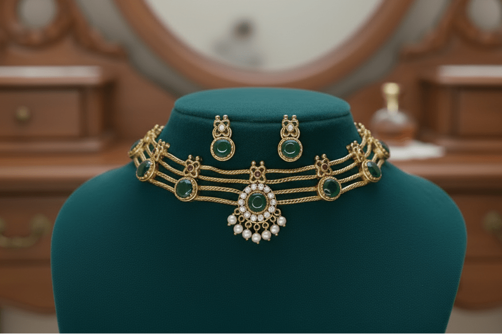 Elegant heritage choker necklace set featuring green stones, green and white centerpiece, and pearl fringe.