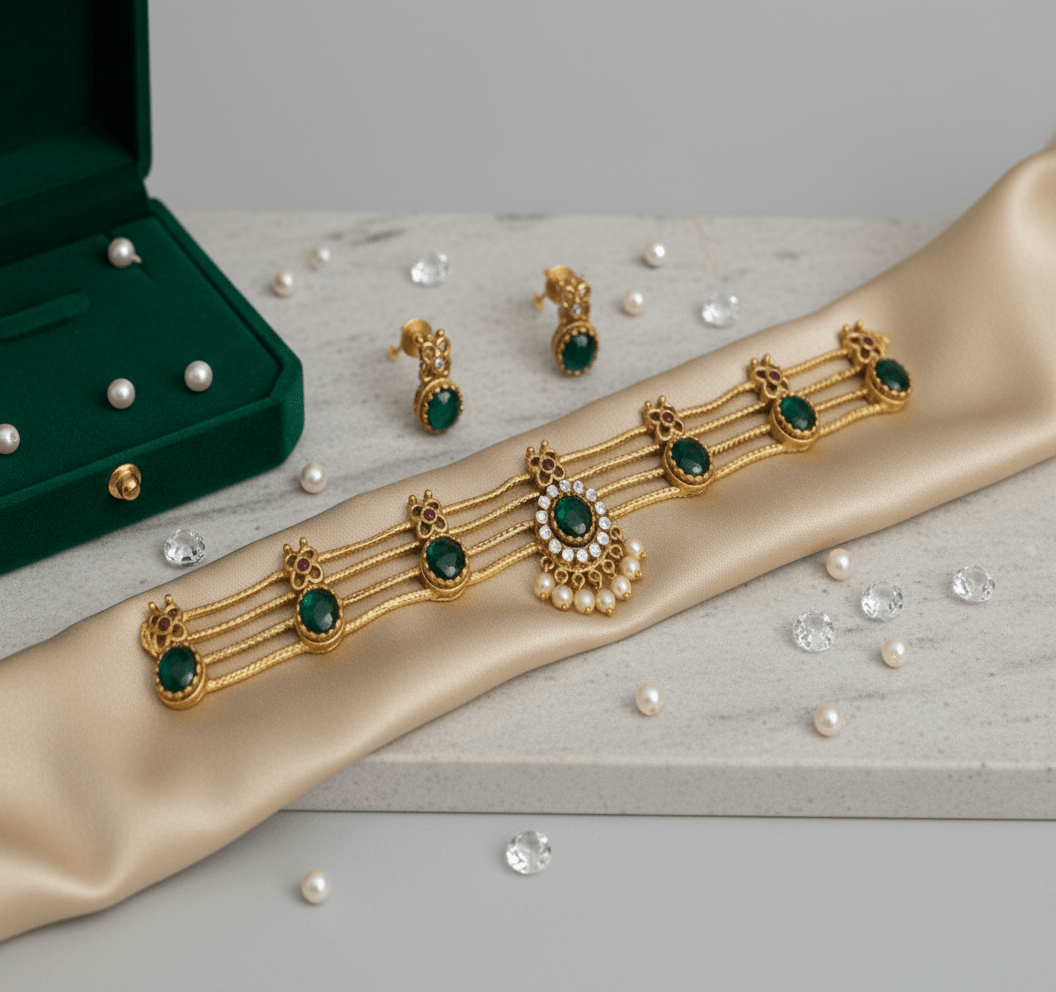 Elegant heritage choker necklace set featuring green stones, green and white centerpiece, and pearl fringe.
