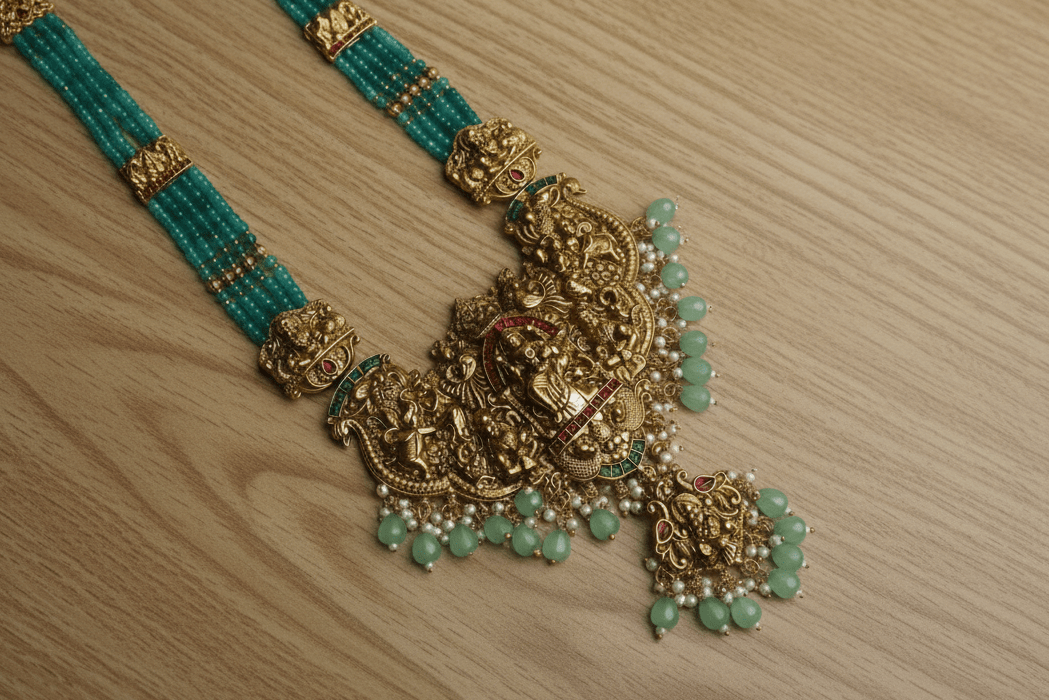 Green Vedanshi Beads Temple Necklace Set