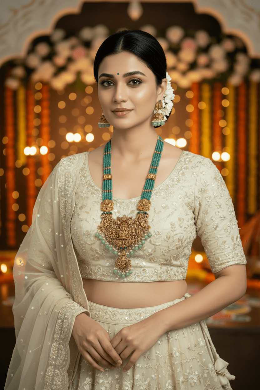 Green Vedanshi Beads Temple Necklace Set