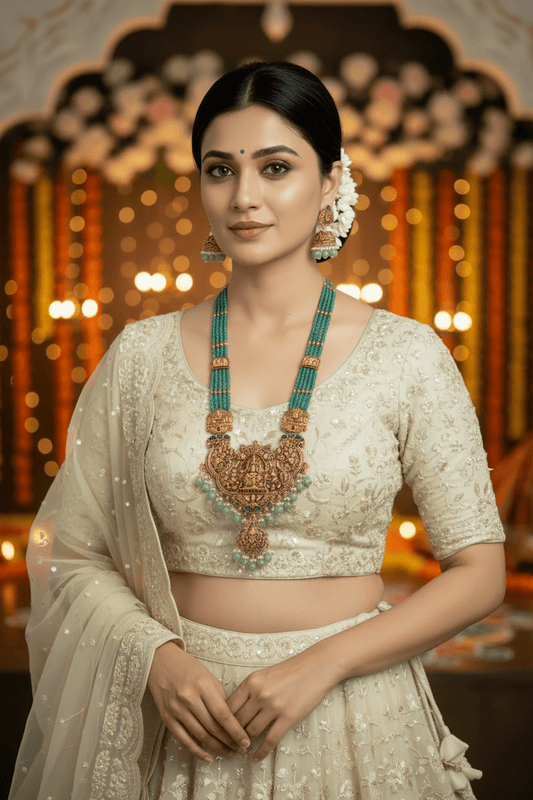 Green Vedanshi Beads Temple Necklace Set