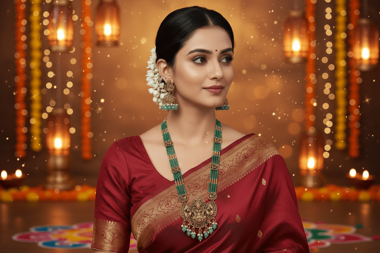 Green Veena Beads Temple Necklace Set
