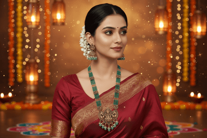 Green Veena Beads Temple Necklace Set