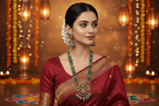 Green Veena Beads Temple Necklace Set