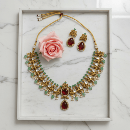 Elevate your collection with this exquisite handcrafted necklace and earring set, inspired by timeless South Indian artistry.