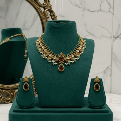 Elevate your collection with this exquisite handcrafted necklace and earring set, inspired by timeless South Indian artistry.