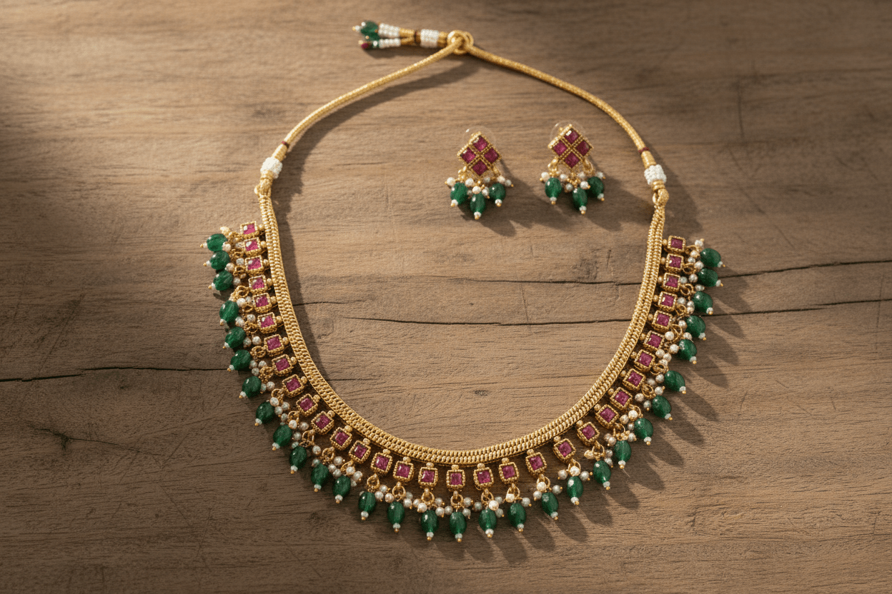 Antique gold necklace with square maroon kemp stone detailing, emerald green bead drops, and matching floral drop earrings