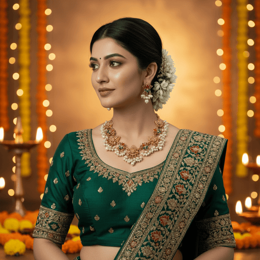 Necklace set featuring gold Lakshmi motifs with pink and green enamel lotus accents, finished with clusters of pearls.