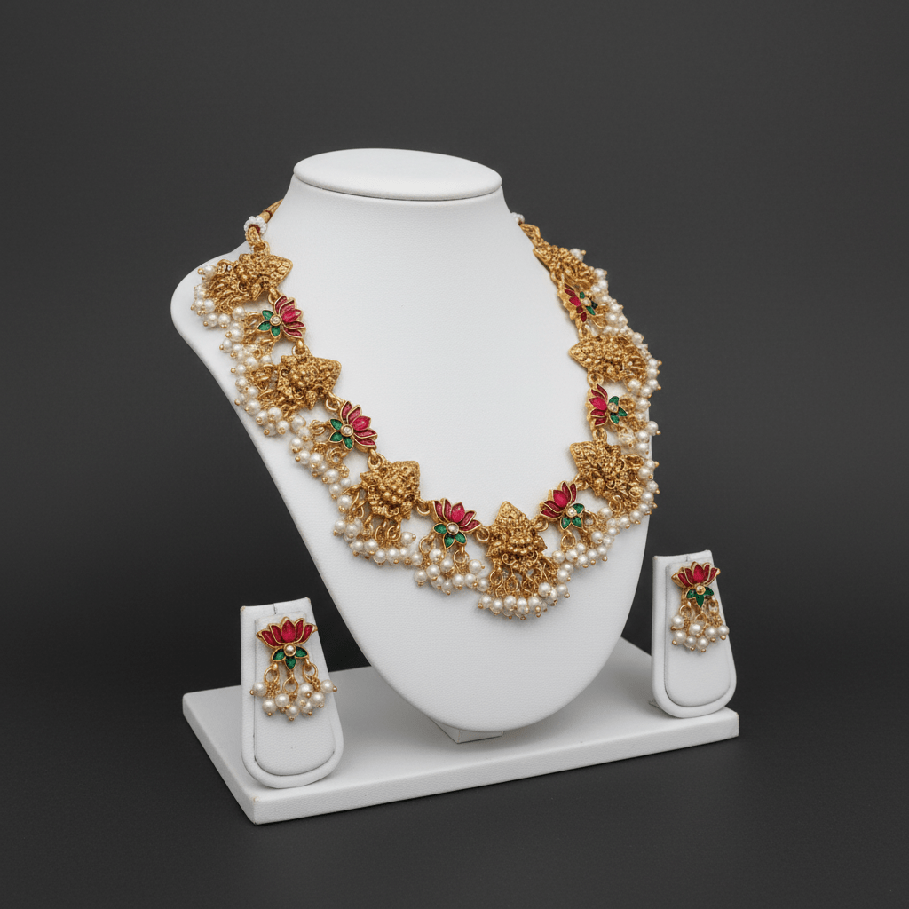 Necklace set featuring gold Lakshmi motifs with pink and green enamel lotus accents, finished with clusters of pearls.