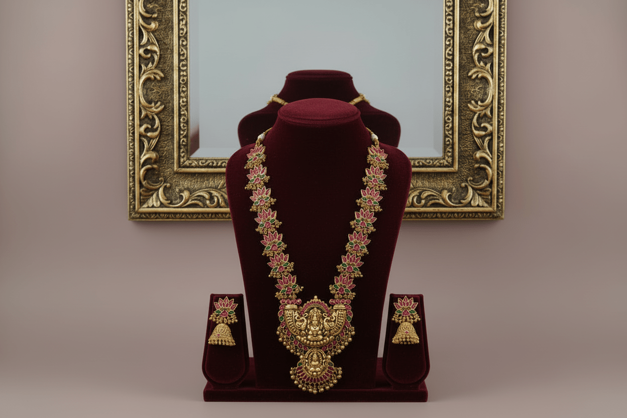 Celebrate timeless tradition with this temple jewelry set, featuring a majestic necklace and matching earrings.