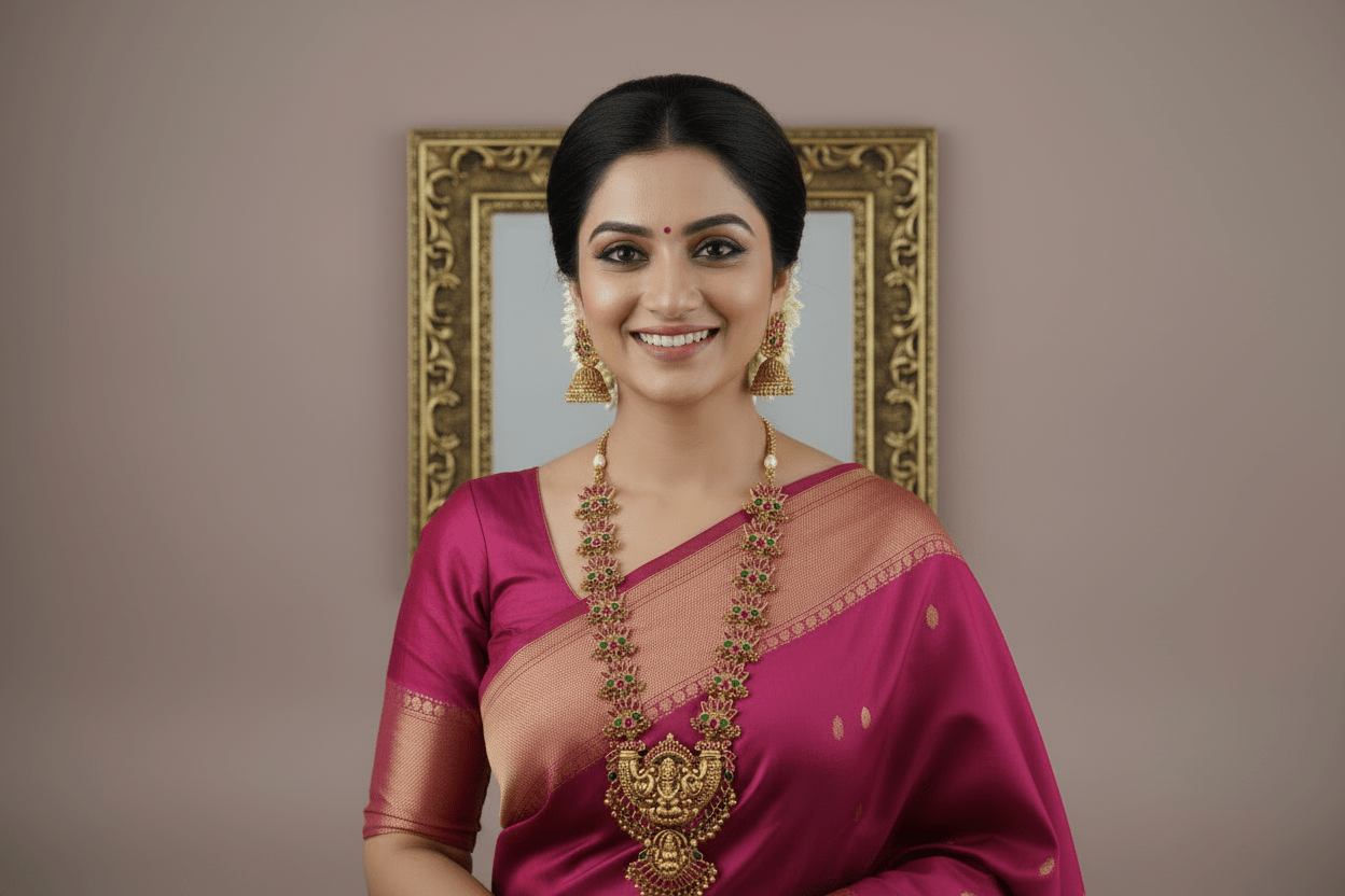 Celebrate timeless tradition with this temple jewelry set, featuring a majestic necklace and matching earrings.