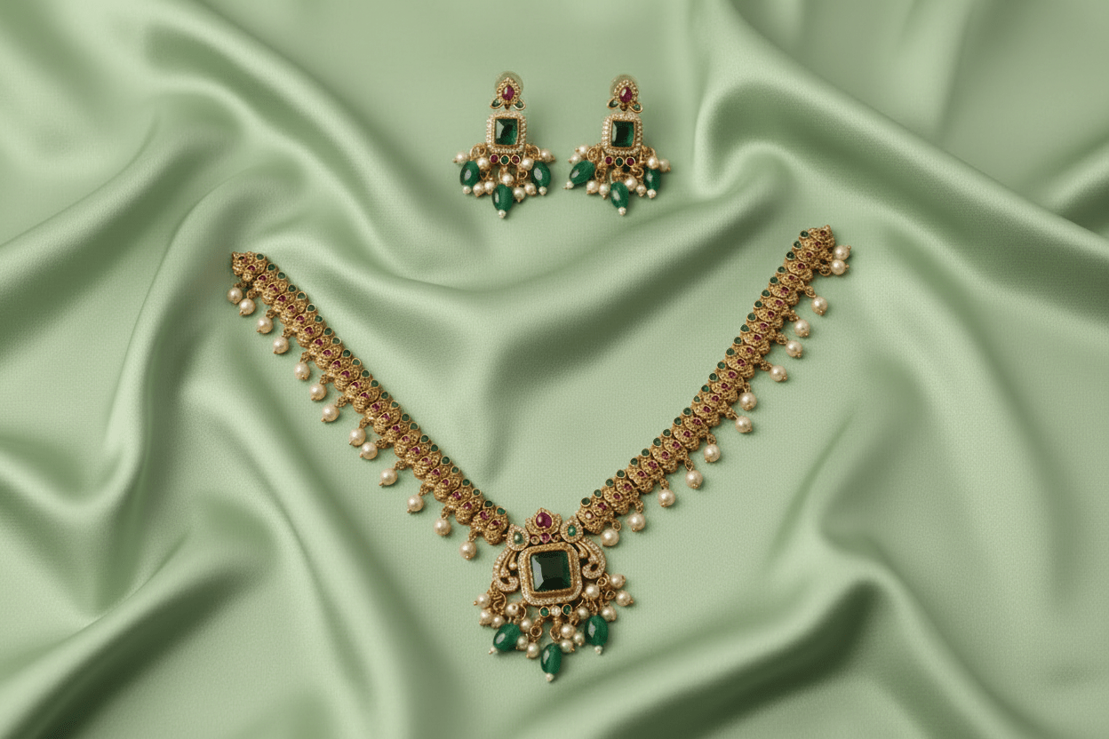 antique gold necklace with a statement emerald pendant, pearl clusters & green bead drops
