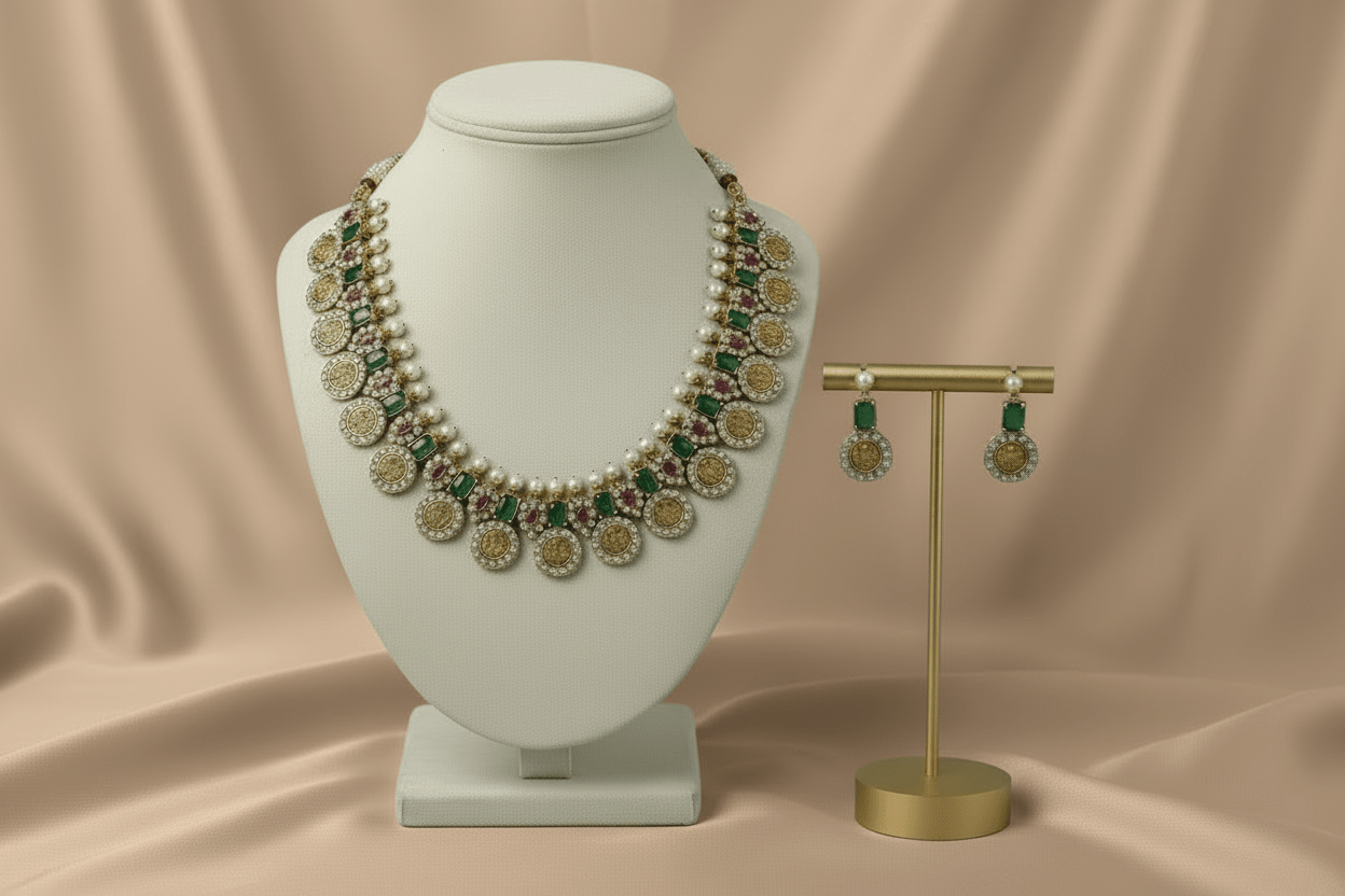 Handcrafted antique gold necklace with emerald-green stones, textured medallions & pearl drops in premium brass.