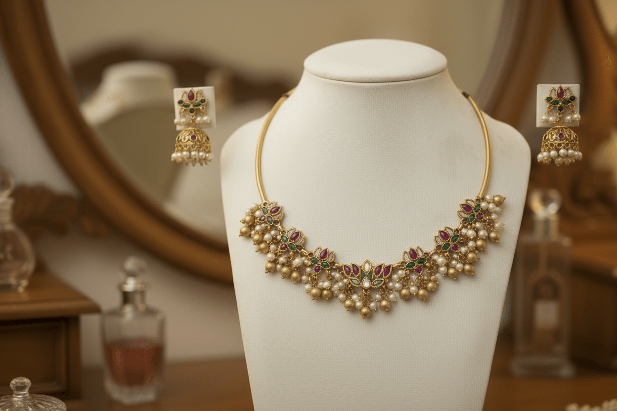This gold-toned necklace and earring set features pink and green lotus motifs enhanced by delicate pearl hangings.