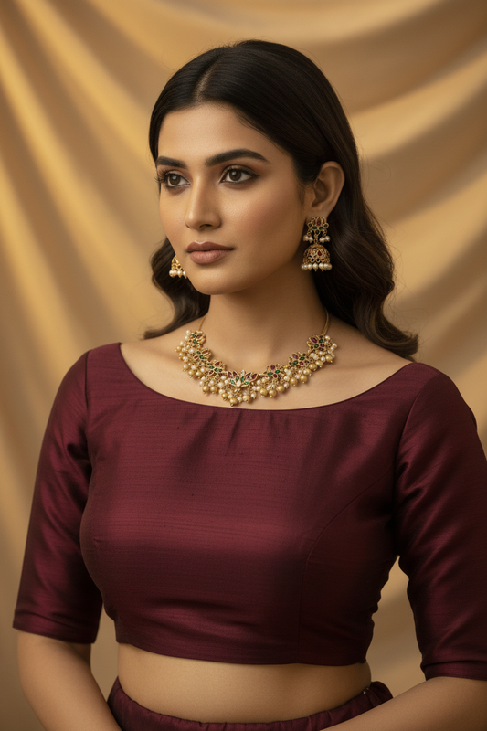 This gold-toned necklace and earring set features pink and green lotus motifs enhanced by delicate pearl hangings.