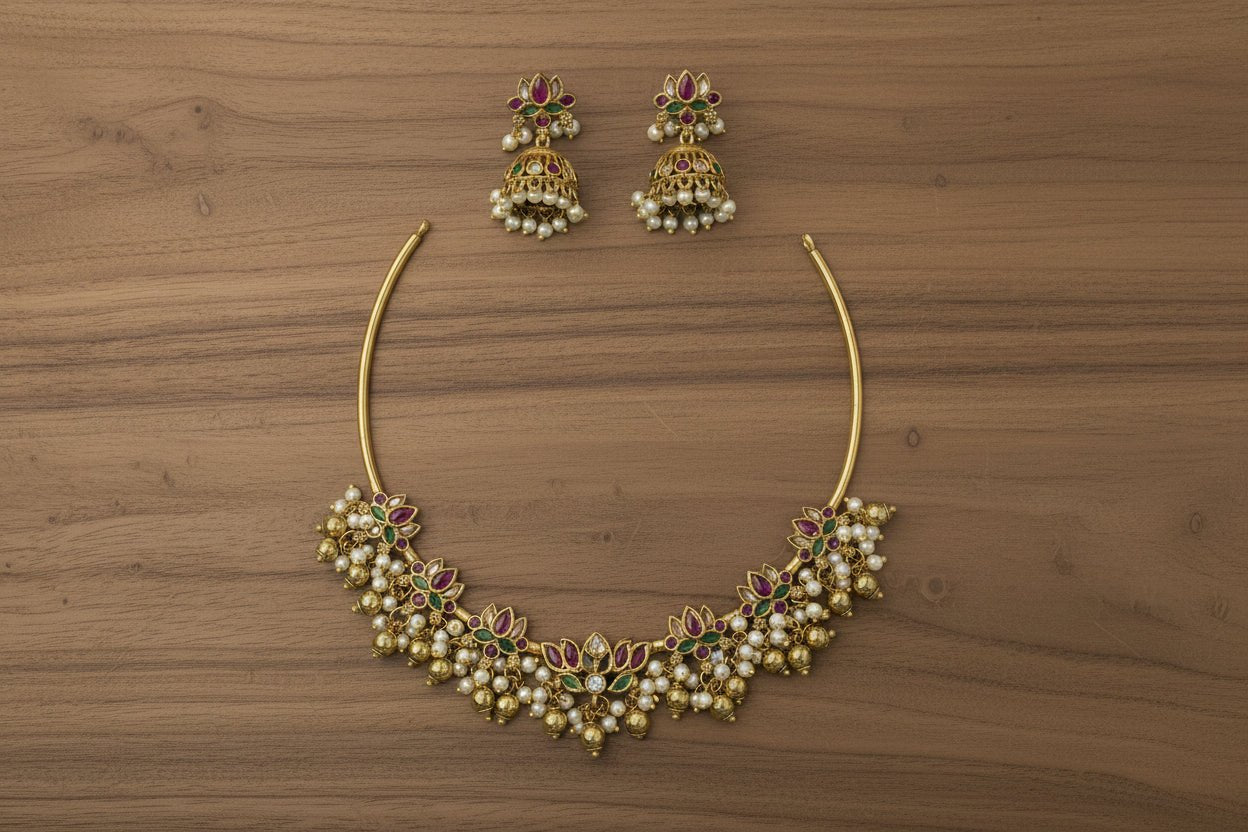This gold-toned necklace and earring set features pink and green lotus motifs enhanced by delicate pearl hangings.