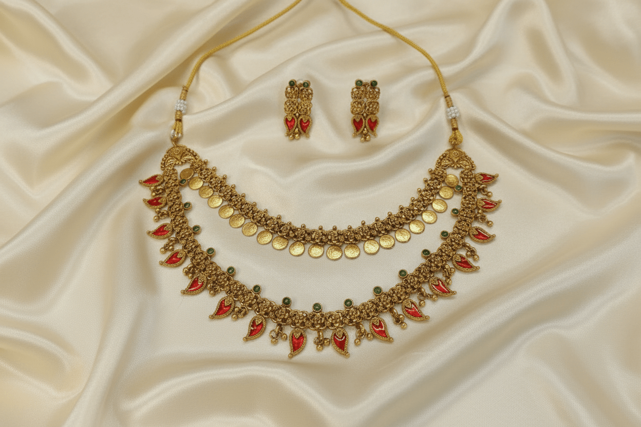 antique gold two-layer necklace with pink mango-shaped stone drops, pearl detailing, and matching drop earrings