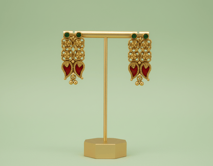antique gold two-layer necklace with pink mango-shaped stone drops, pearl detailing, and matching drop earrings