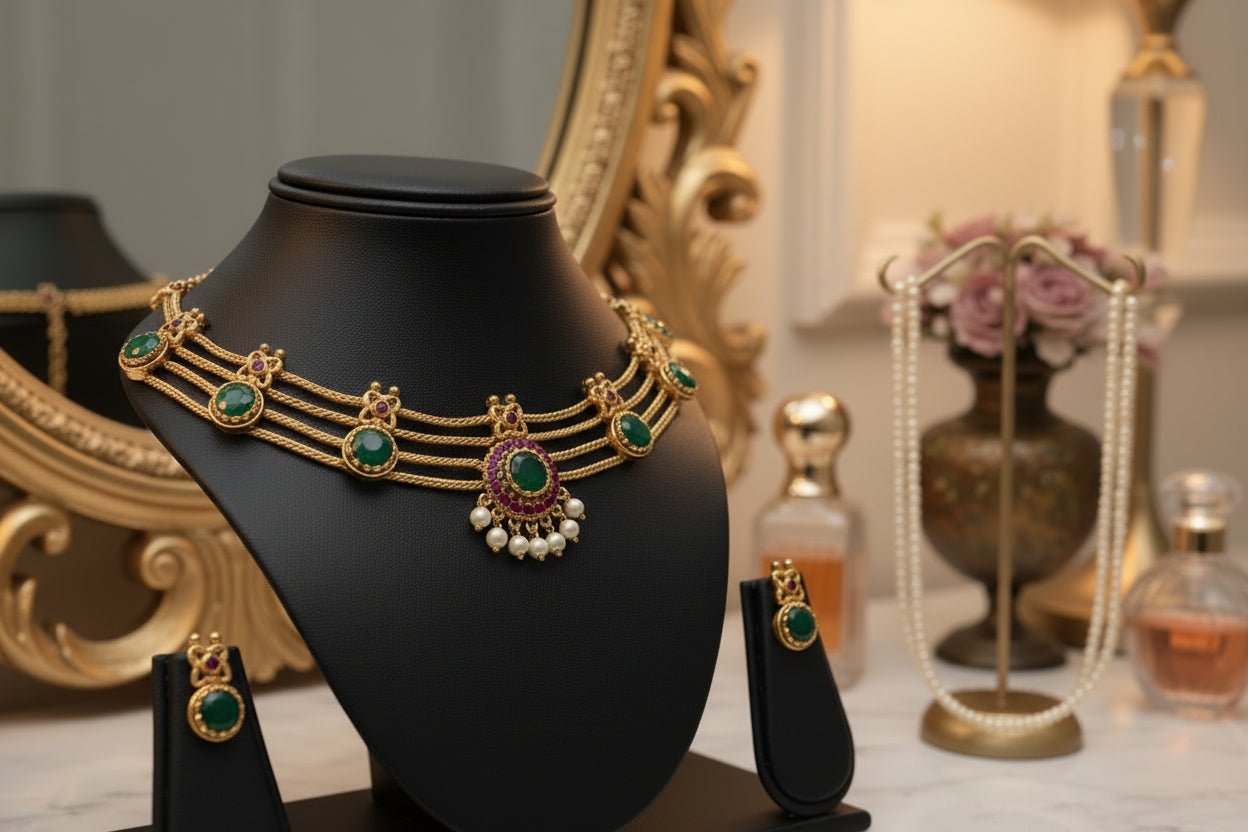 Choker necklace with green stones, pink-green pendant, and pearl drops, paired with matching earrings.