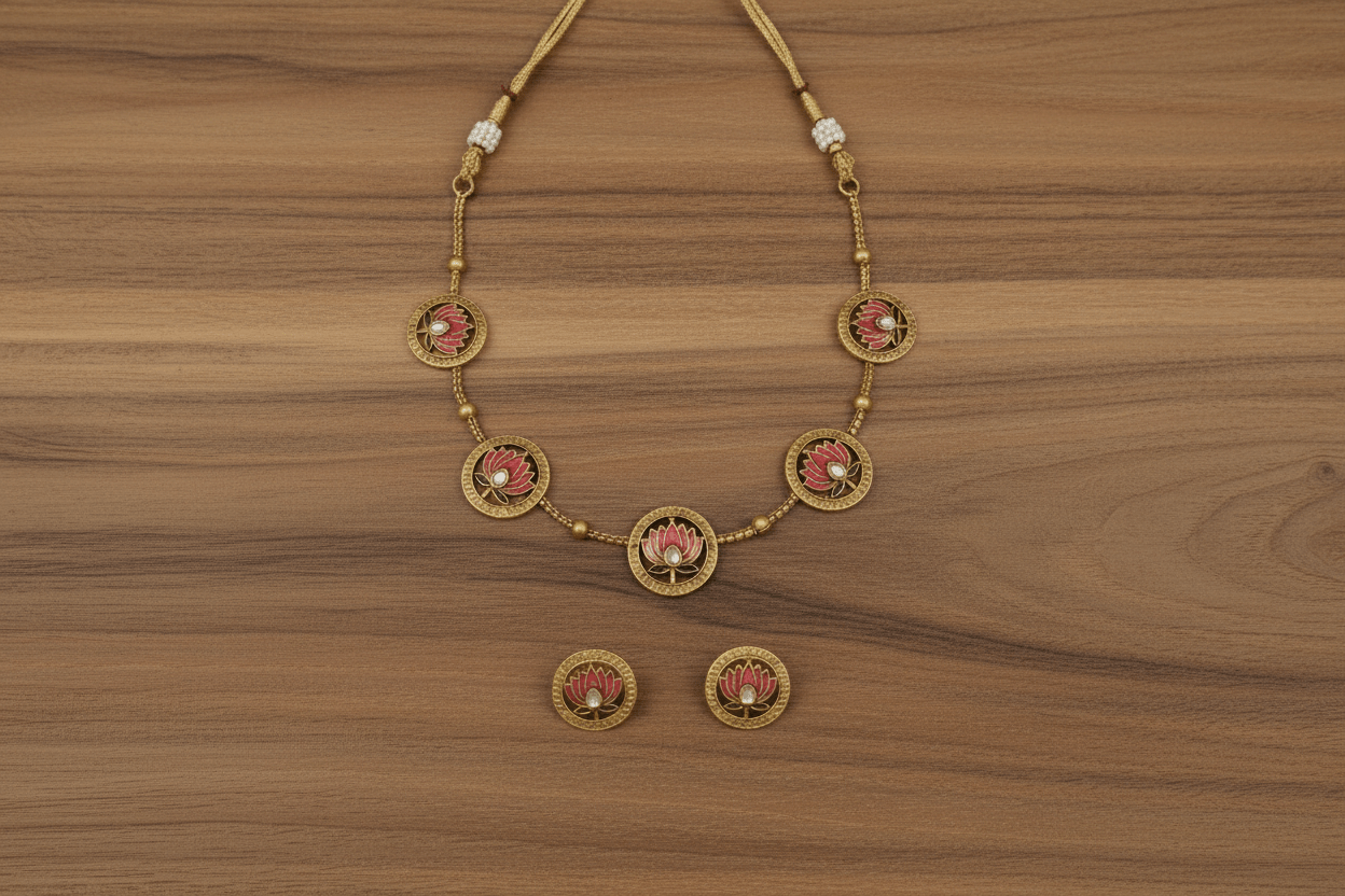 Necklace set with with five medallions, each adorned with a pink lotus motif and a sparkling white stone.
