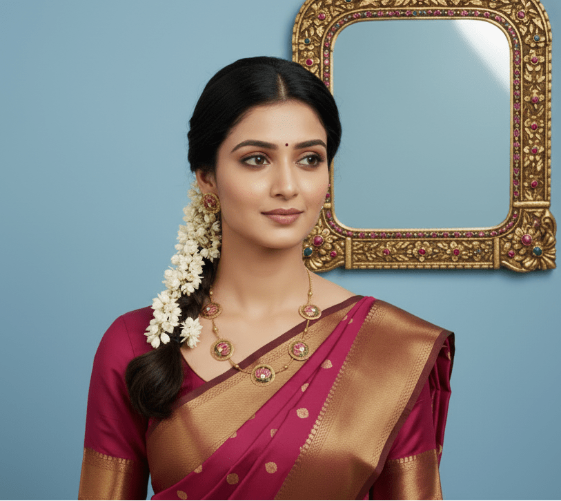 Necklace set with with five medallions, each adorned with a pink lotus motif and a sparkling white stone.