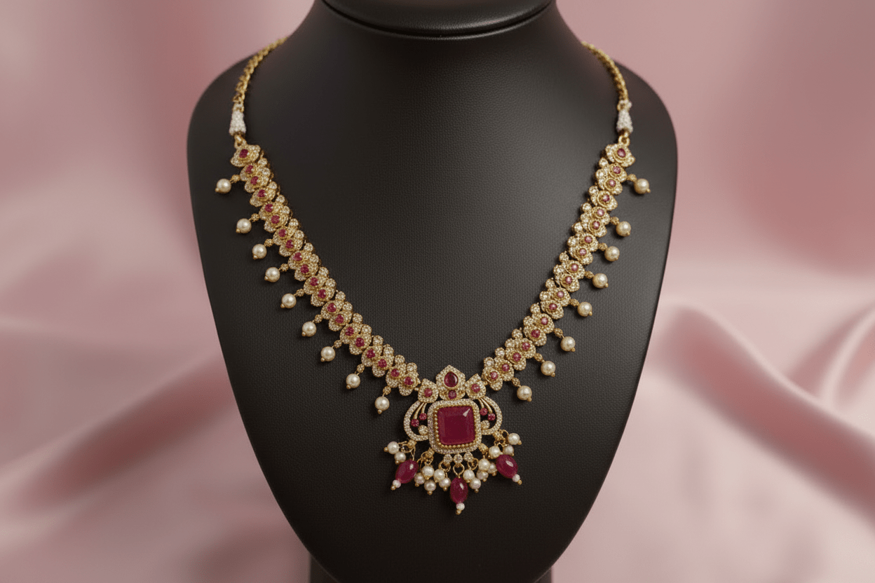 antique gold necklace with ruby-magenta stones, kundan detailing & pearl drops