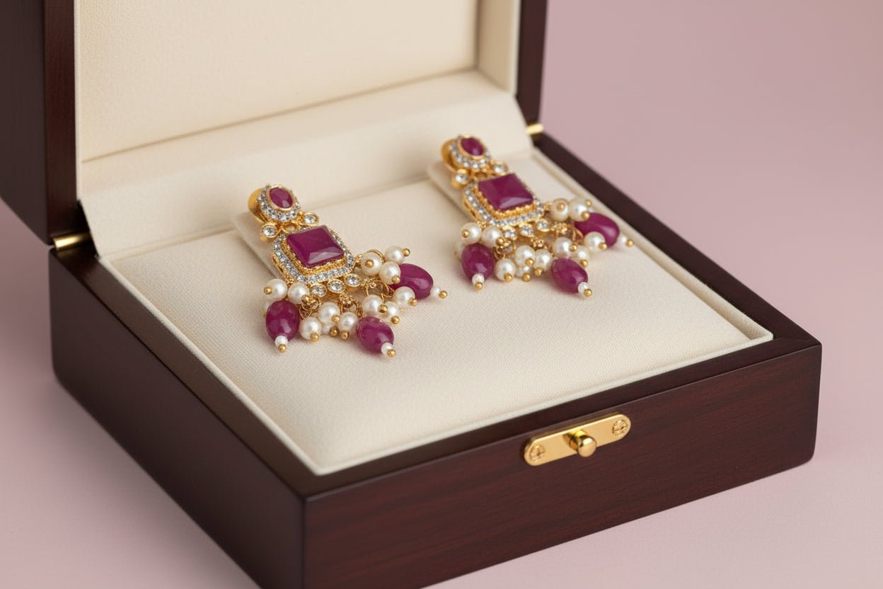 antique gold necklace with ruby-magenta stones, kundan detailing & pearl drops