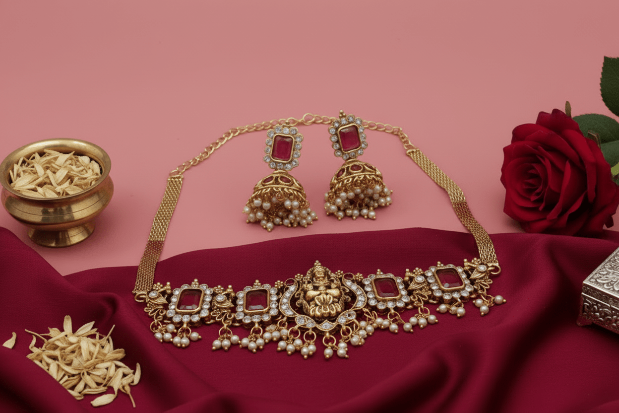 Choker with a central deity figure, framed by intricate motifs, ruby-red stones, shimmering crystals, and pearl danglings.
