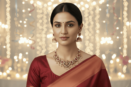Choker with a central deity figure, framed by intricate motifs, ruby-red stones, shimmering crystals, and pearl danglings.