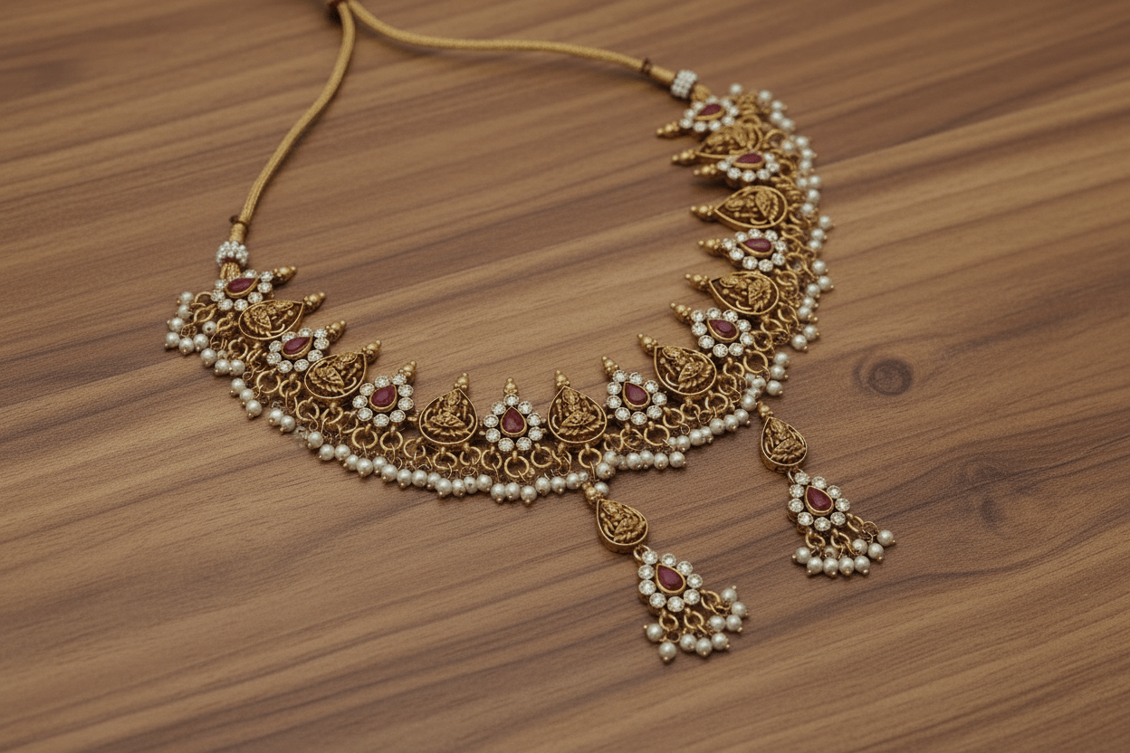 Ruby Red Adhya Temple Necklace Set