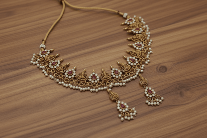 Ruby Red Adhya Temple Necklace Set