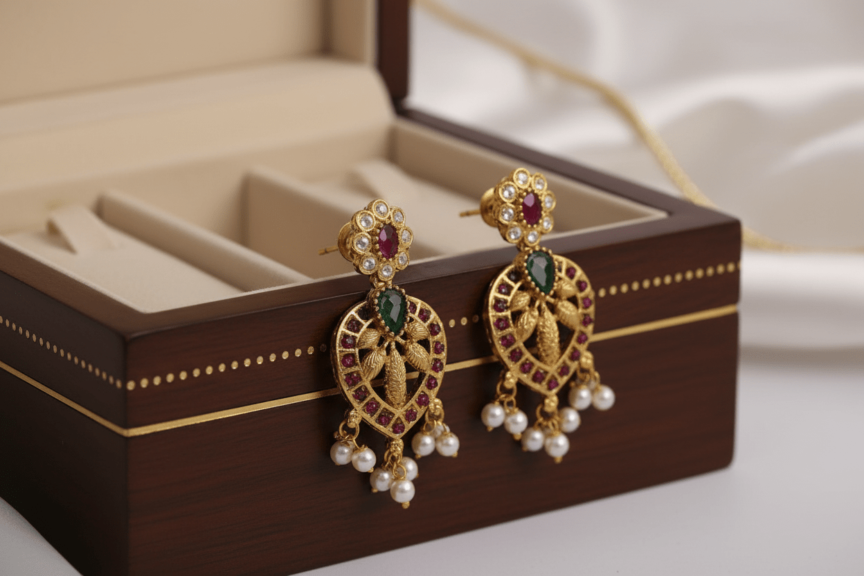 This exquisite gold-hued necklace and earring ensemble features red and green stones, delicate pearl drops.